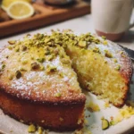 A slice of pistachio lemon polenta cake topped with lemon zest and pistachios.