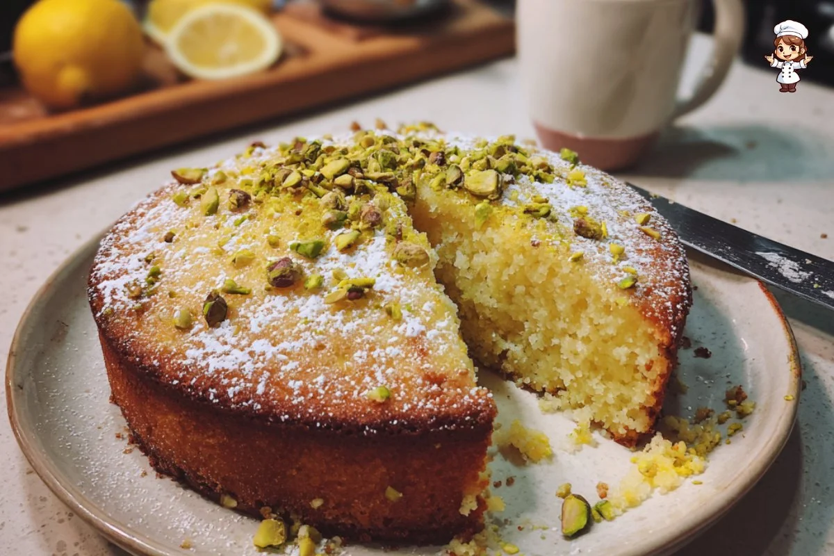 A slice of pistachio lemon polenta cake topped with lemon zest and pistachios.