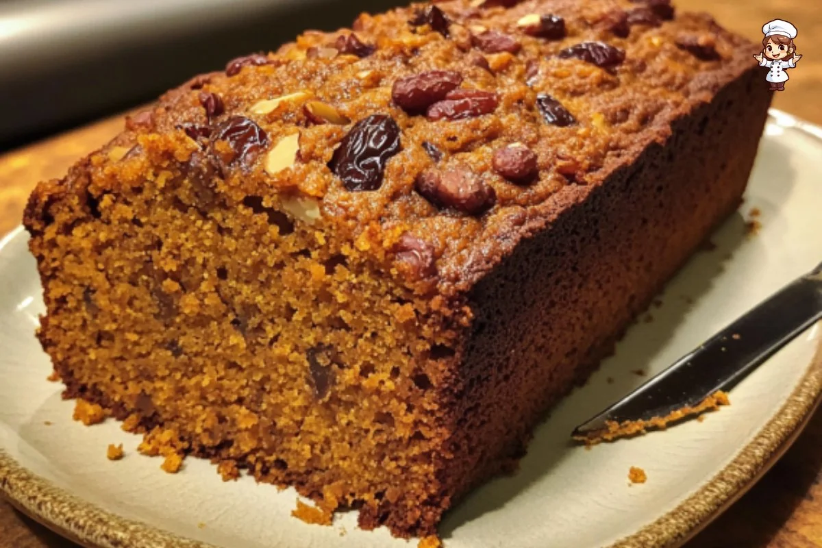 Delicious slice of pumpkin date cake with autumn spices and dates