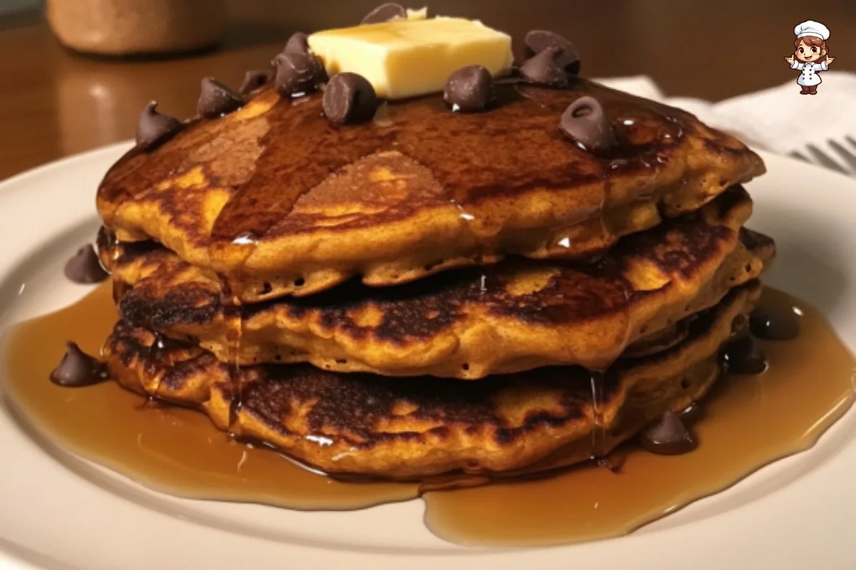 Fluffy pumpkin pancakes drizzled with syrup on a plate
