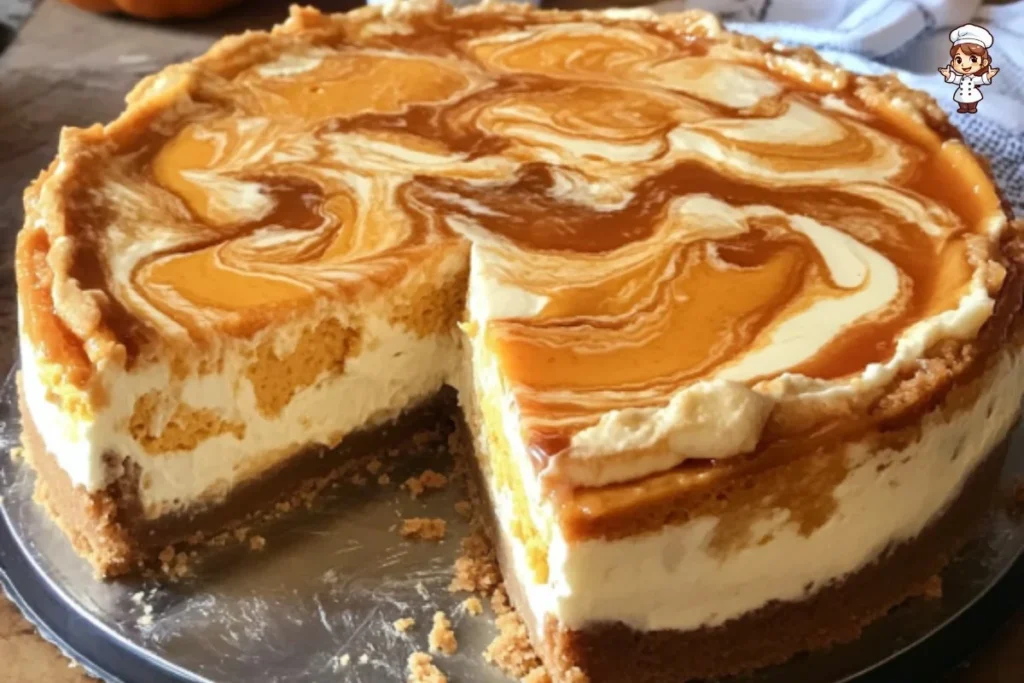 Delicious Pumpkin Swirl Cheesecake topped with cream and spices