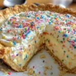 A vibrant Rainbow Sprinkle Cream Pie topped with colorful sprinkles and whipped cream.