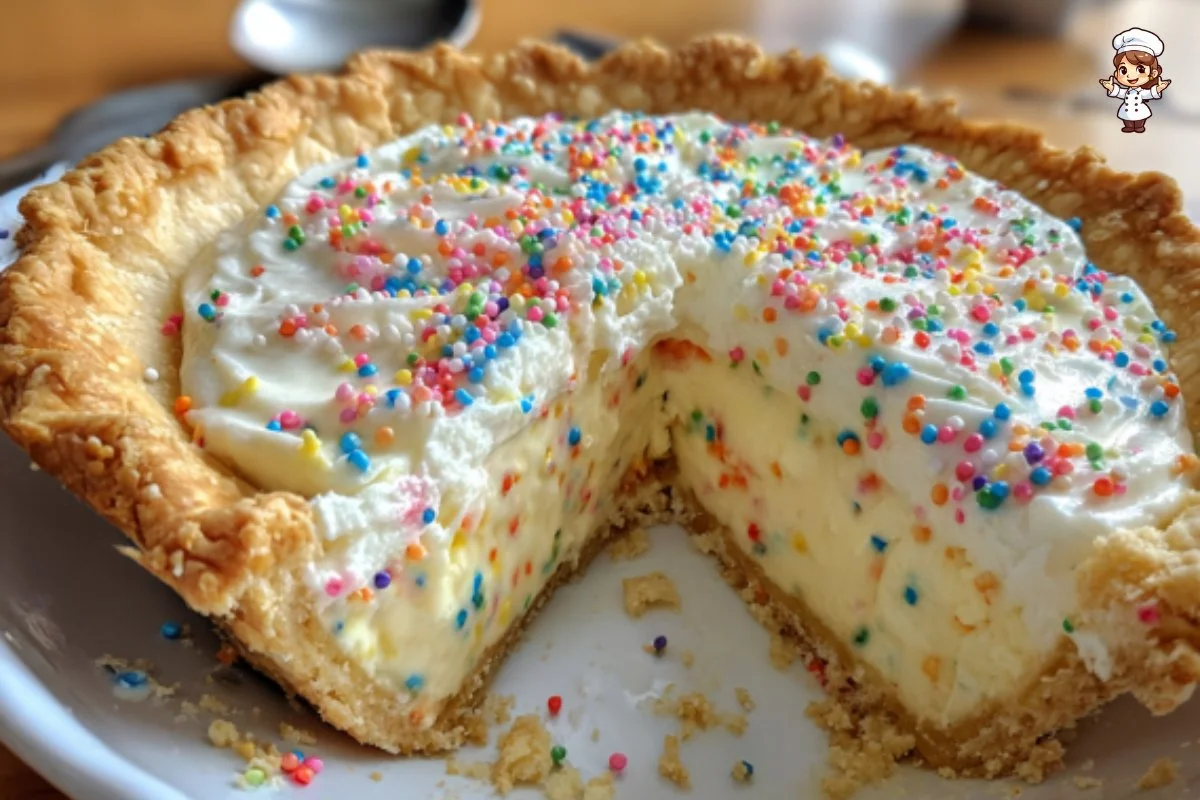 A vibrant Rainbow Sprinkle Cream Pie topped with colorful sprinkles and whipped cream.