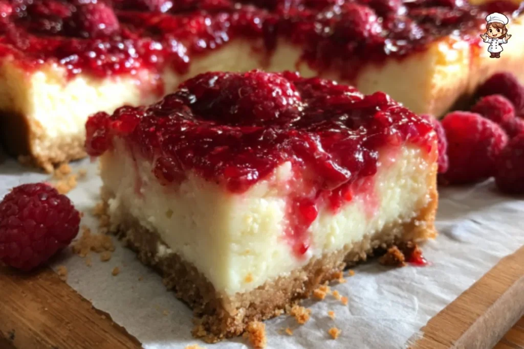 Delicious raspberry cheesecake bars with a crispy crust and fresh raspberry topping.