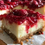 Delicious raspberry cheesecake bars with a crispy crust and fresh raspberry topping.
