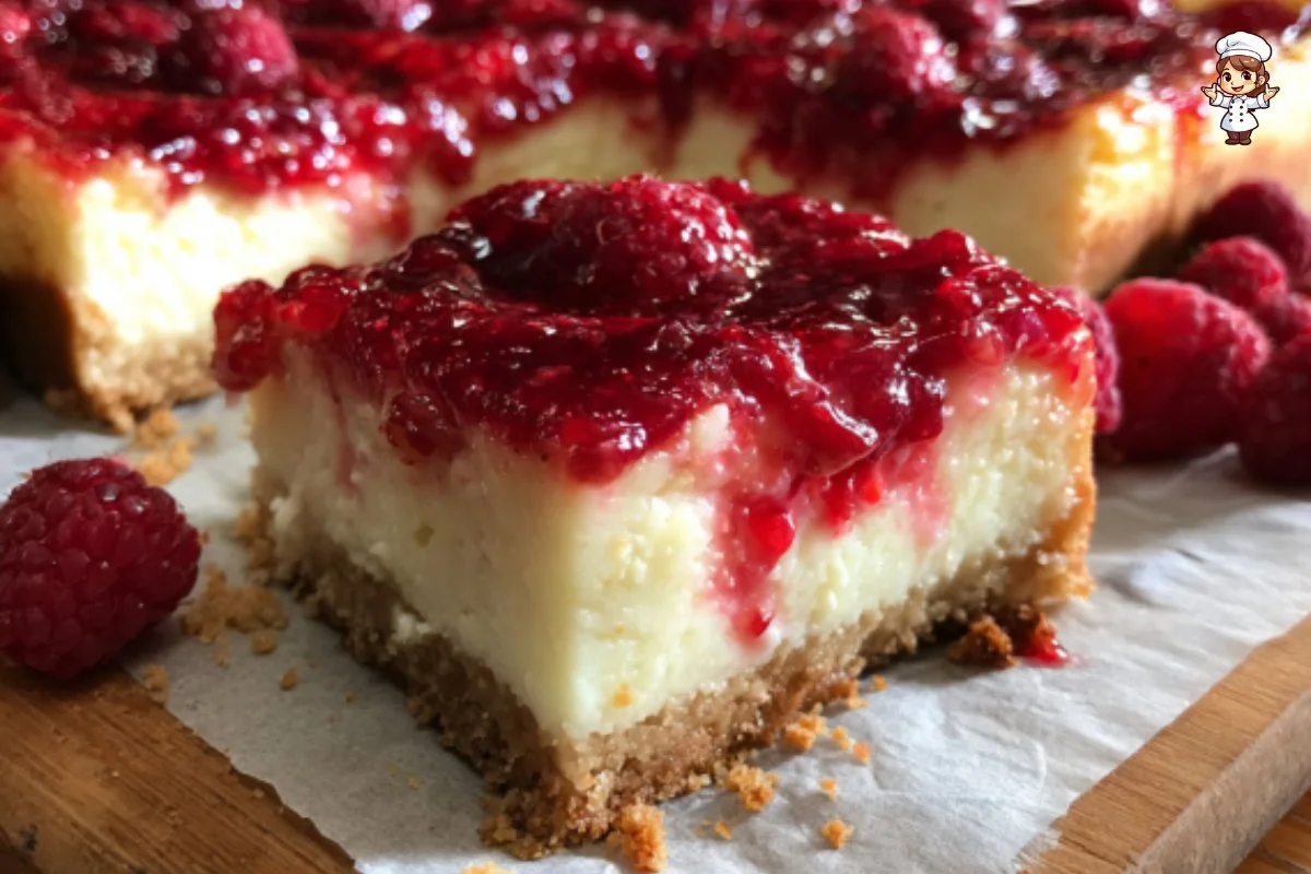 Delicious raspberry cheesecake bars with a crispy crust and fresh raspberry topping.