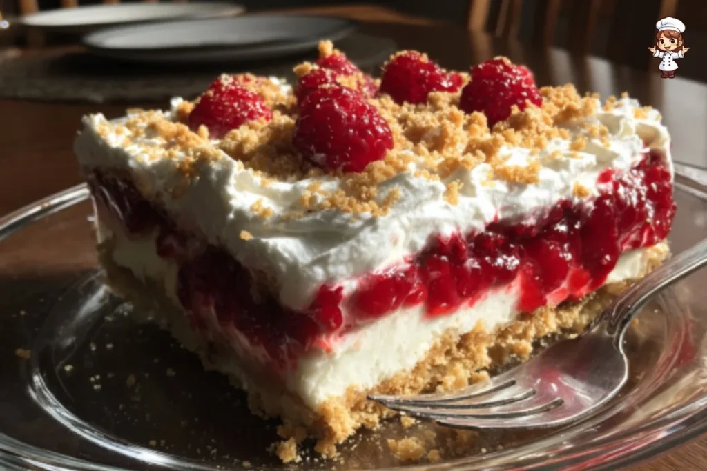 Delicious Raspberry Cheesecake Lasagna with layers of raspberries and creamy cheesecake