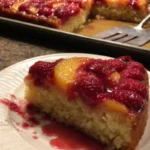 Raspberry Peach Upside-Down Cake topped with fresh fruit and caramel glaze