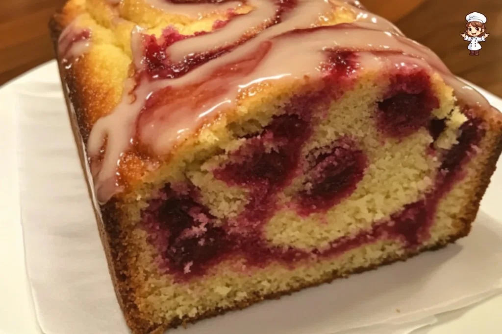 Delicious Raspberry Swirl Pound Cake with bright red raspberry swirls on a gold plate.