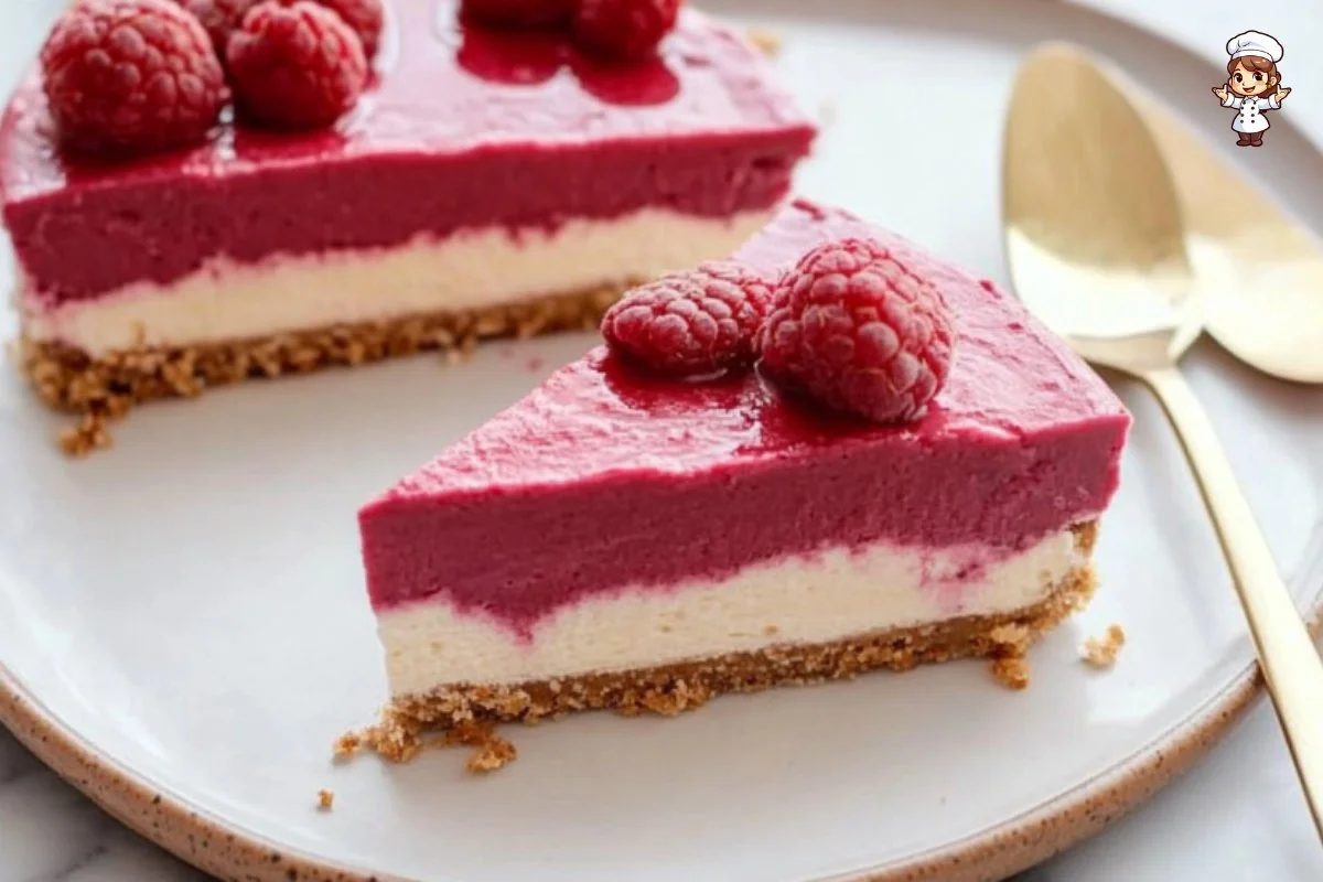 Delicious raspberry vegan cheesecake on a white plate with fresh berries