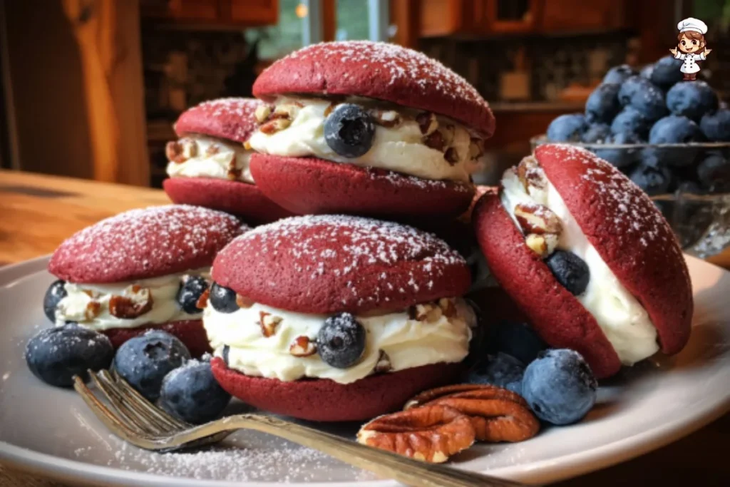 Red velvet whoopie pies filled with fresh blueberries on a white plate