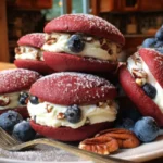 Red velvet whoopie pies filled with fresh blueberries on a white plate