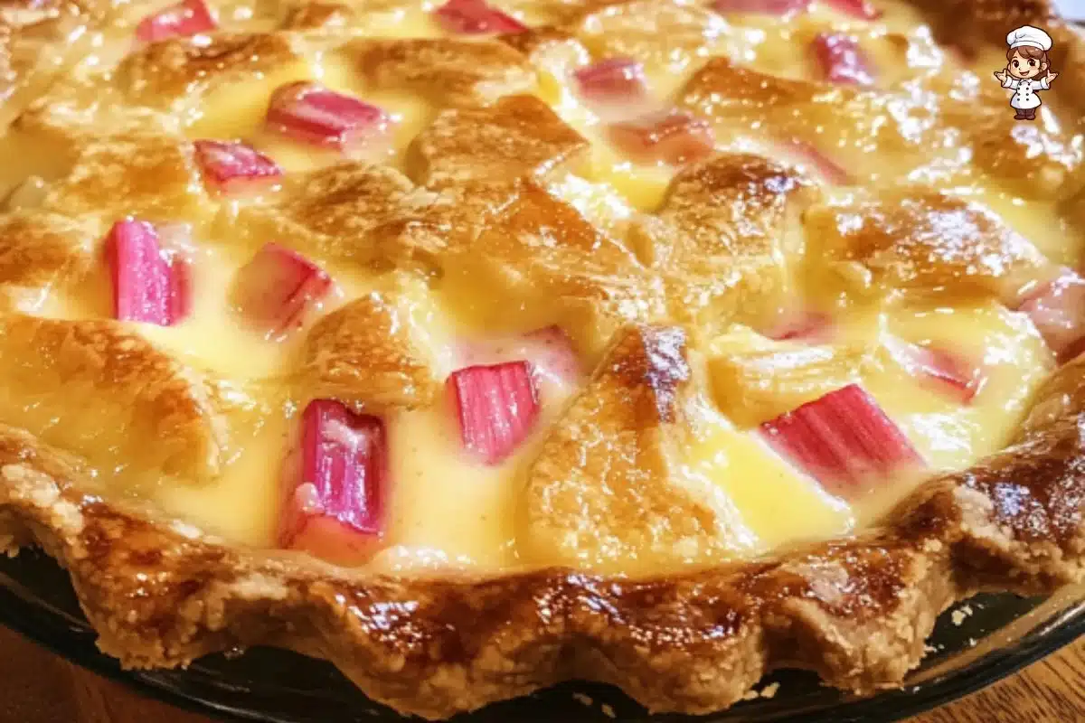 Deliciously baked rhubarb custard pie with a flaky crust