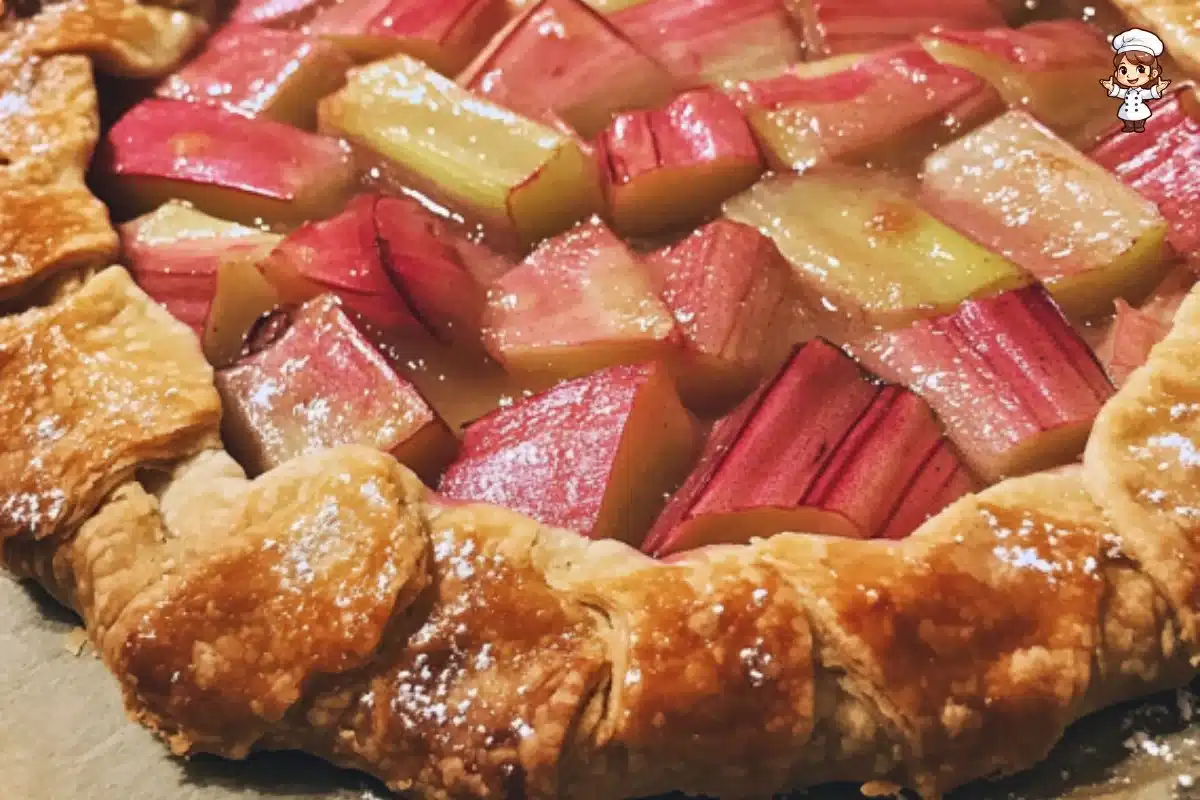 Delicious rhubarb galette with frangipane filling on a rustic wooden table