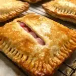 Golden brown rhubarb hand pies on a rustic wooden table.