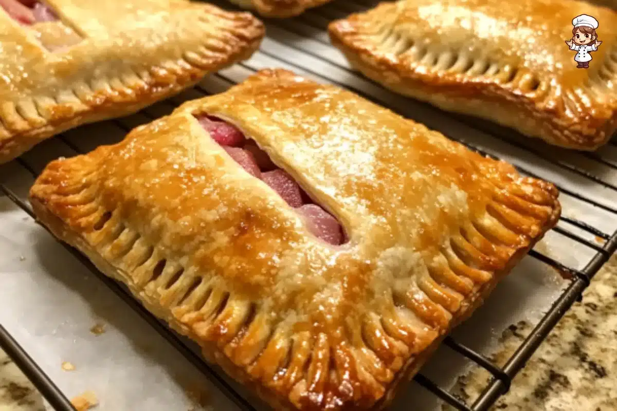 Golden brown rhubarb hand pies on a rustic wooden table.