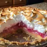 Delicious homemade Rhubarb Meringue Pie topped with fluffy meringue