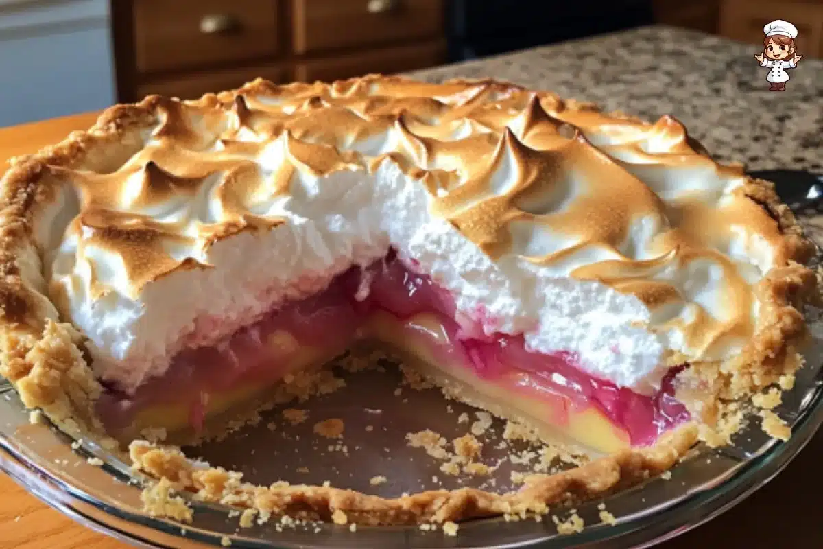 Delicious homemade Rhubarb Meringue Pie topped with fluffy meringue