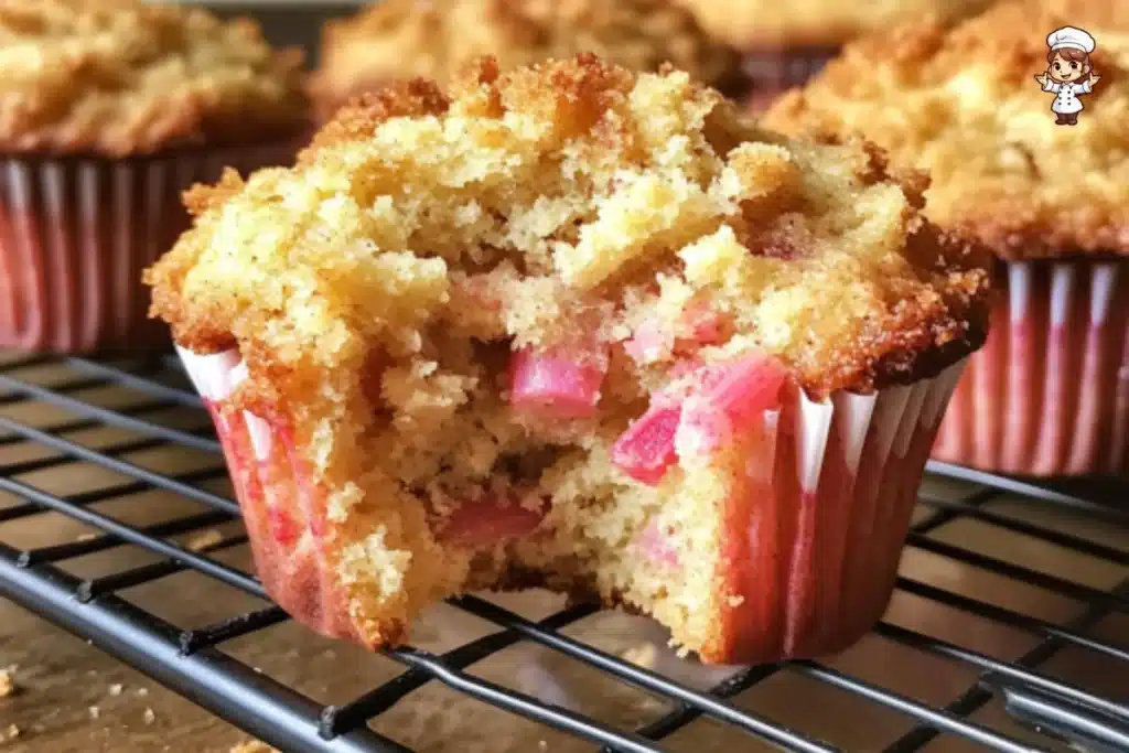 Freshly baked rhubarb muffins on a wooden table