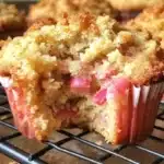 Freshly baked rhubarb muffins on a wooden table