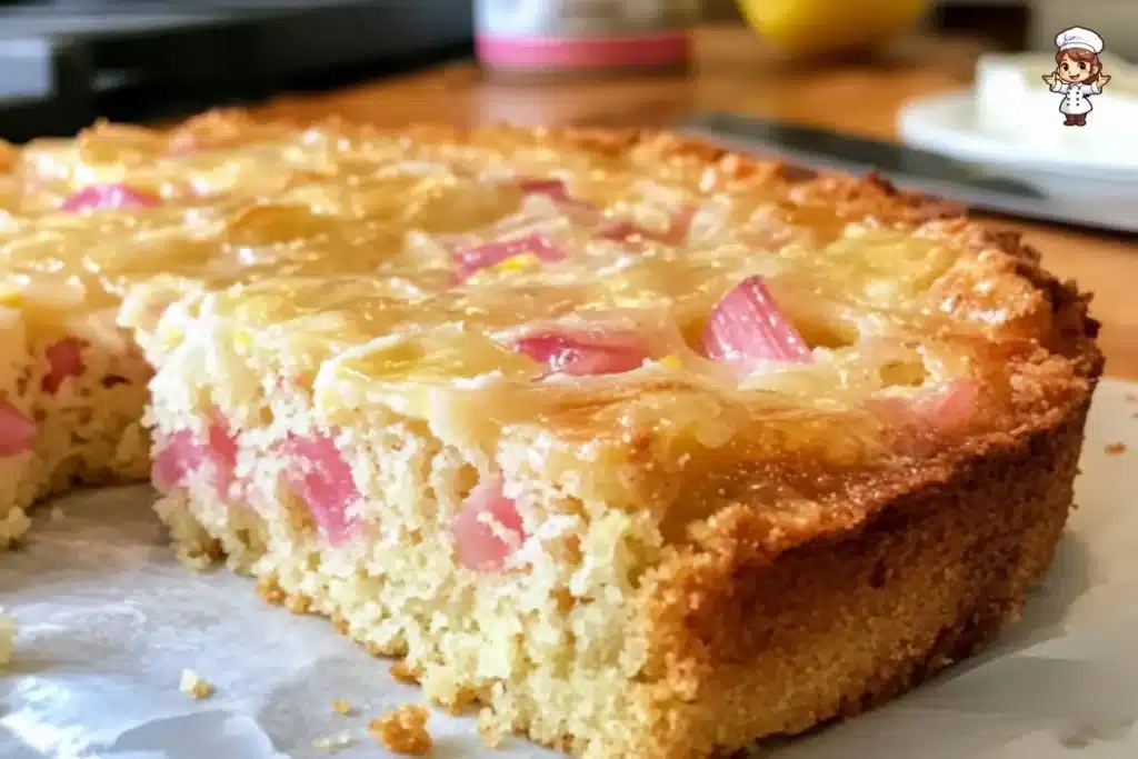 Slice of Rhubarb Yogurt Cake with fresh rhubarb on top