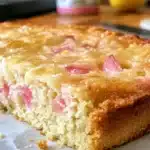 Slice of Rhubarb Yogurt Cake with fresh rhubarb on top