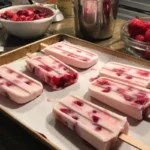 Delicious roasted strawberry popsicles on a wooden table, perfect summer treat