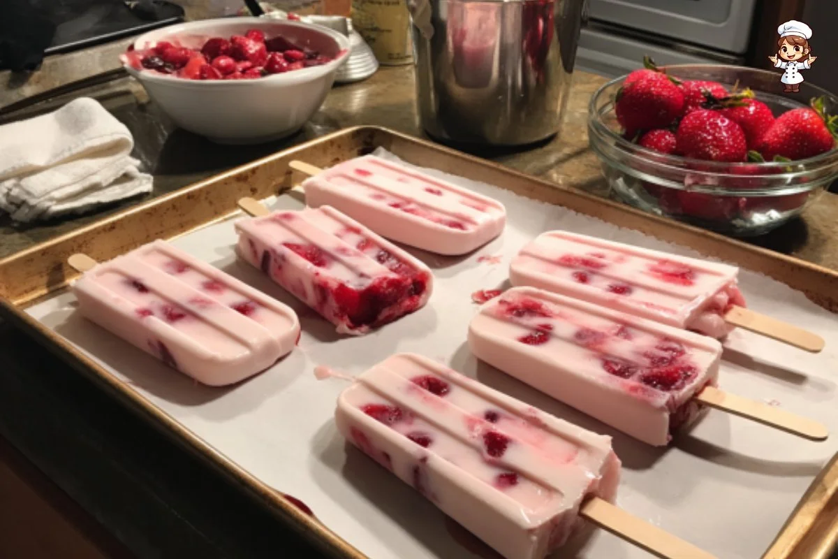 Delicious roasted strawberry popsicles on a wooden table, perfect summer treat
