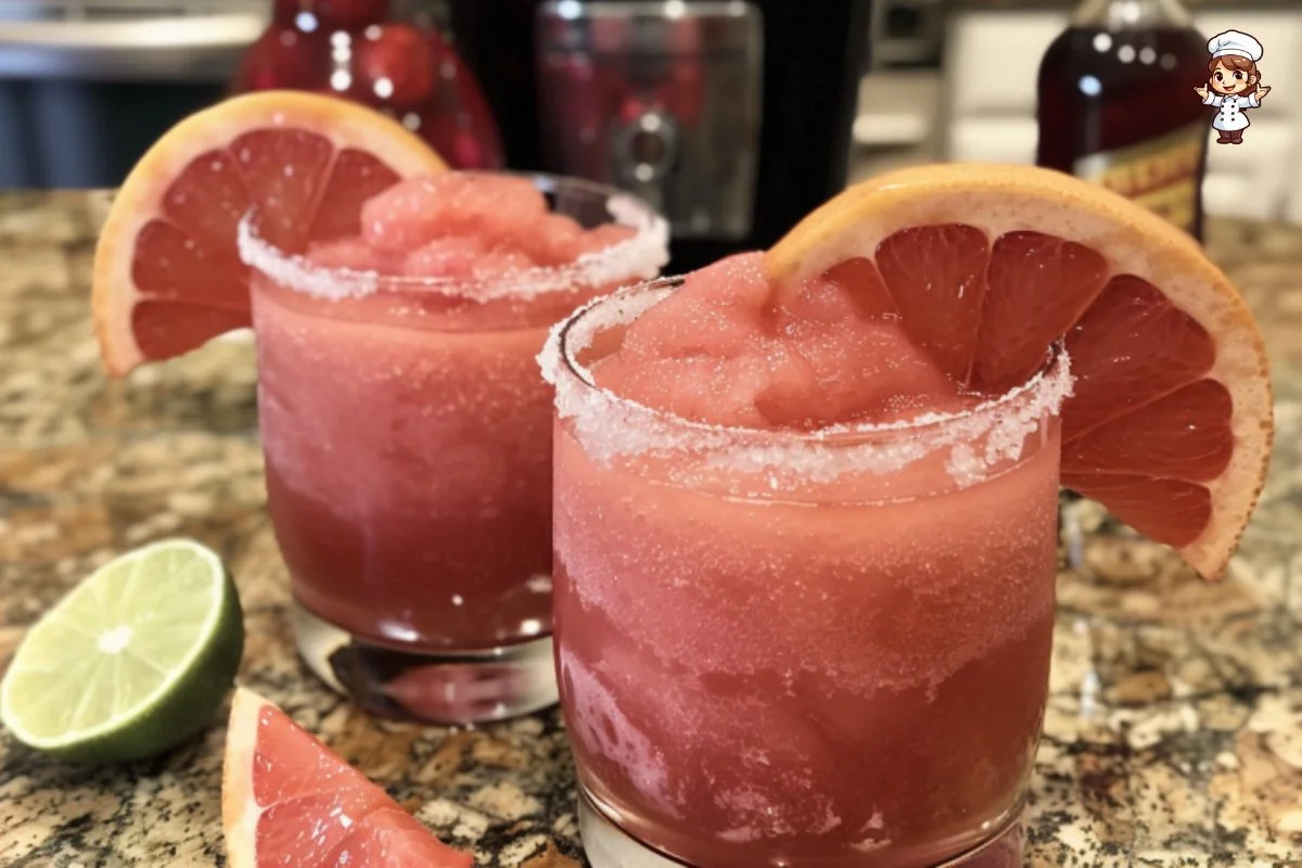Refreshing ruby red grapefruit tequila slushie in a glass on a summer day.