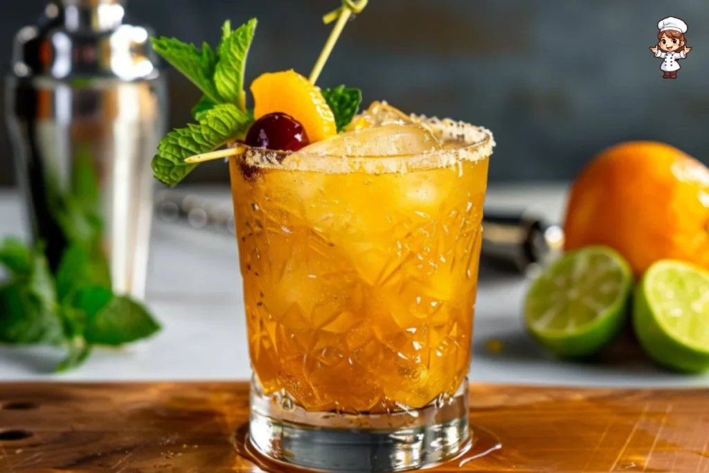 A refreshing rum cocktail served with tropical fruits and garnishes.