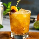 A refreshing rum cocktail served with tropical fruits and garnishes.