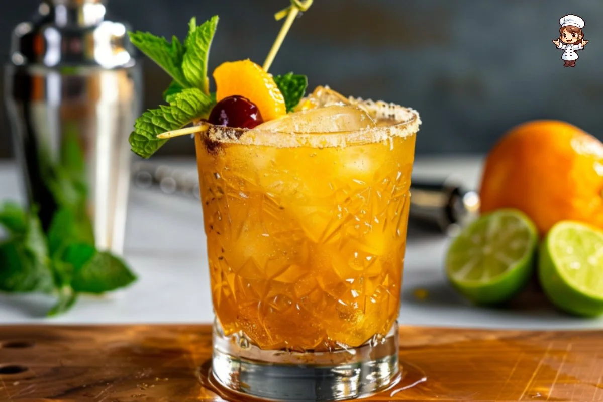 A refreshing rum cocktail served with tropical fruits and garnishes.