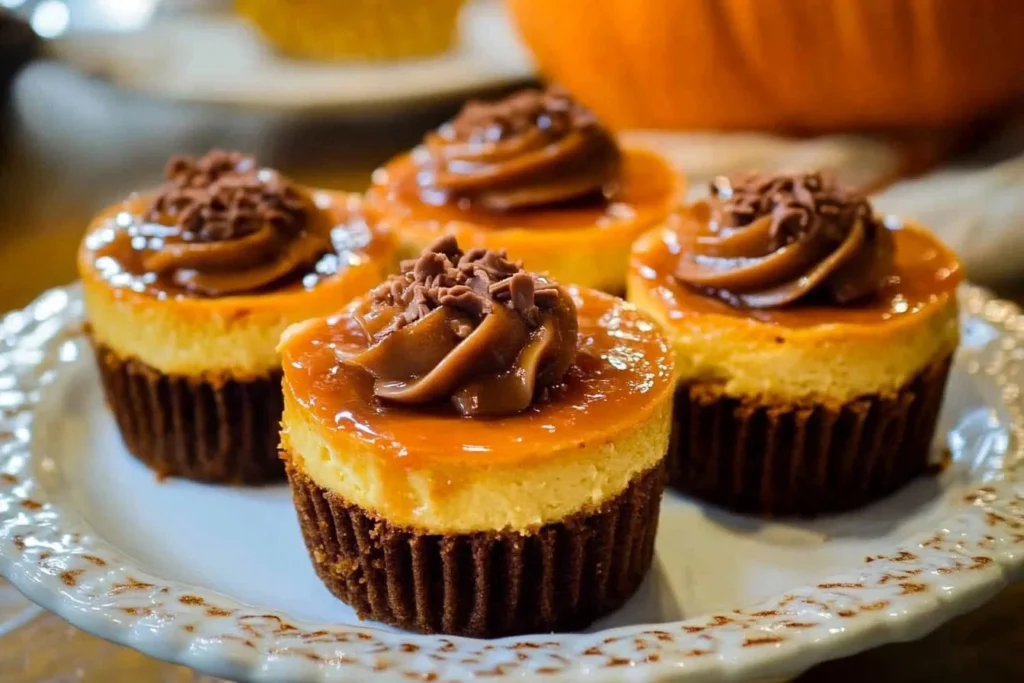 Delicious salted caramel pumpkin cheesecakes topped with caramel sauce