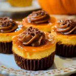 Delicious salted caramel pumpkin cheesecakes topped with caramel sauce