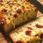 Freshly baked savory cheese quick bread on a cooling rack