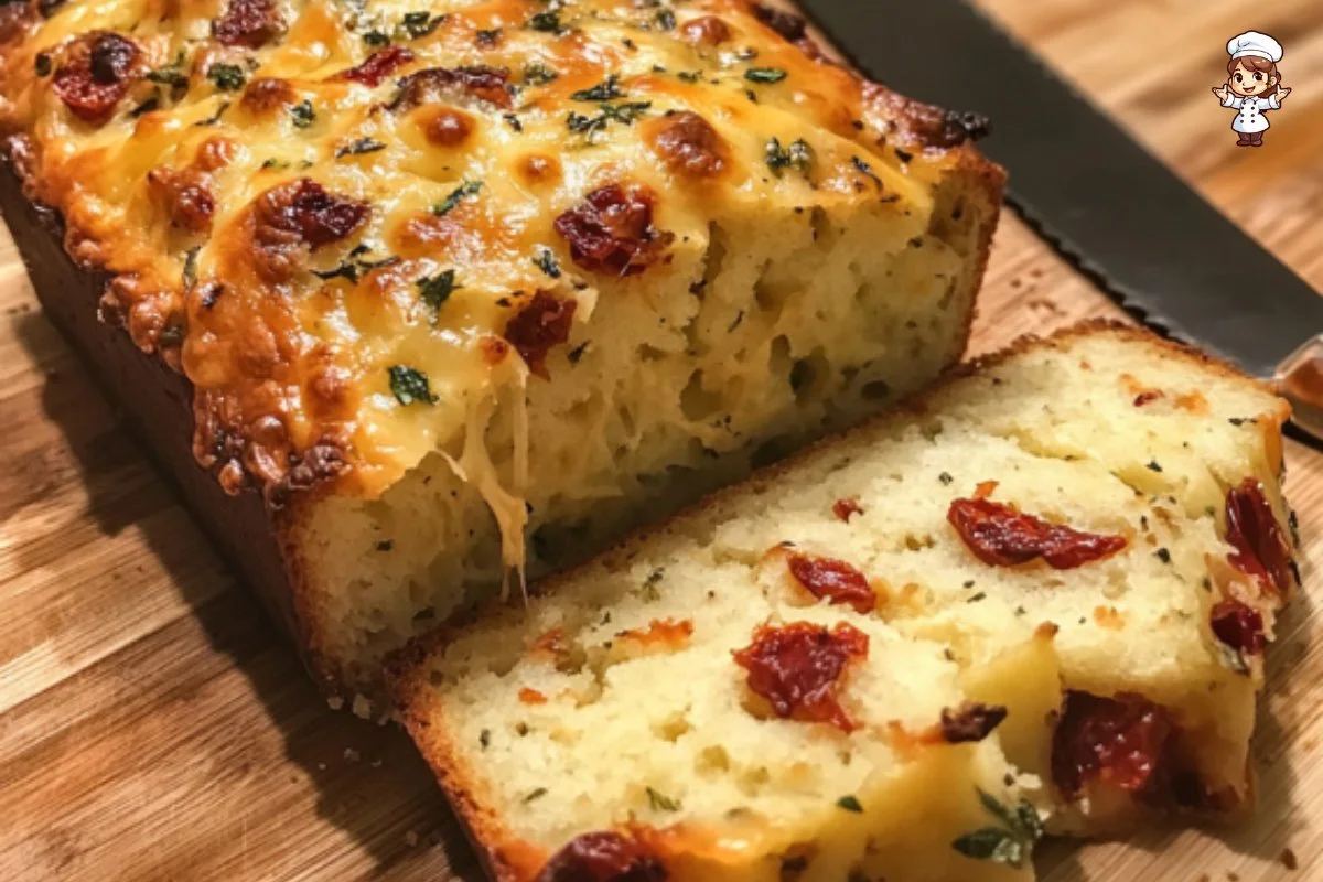 Freshly baked savory cheese quick bread on a cooling rack