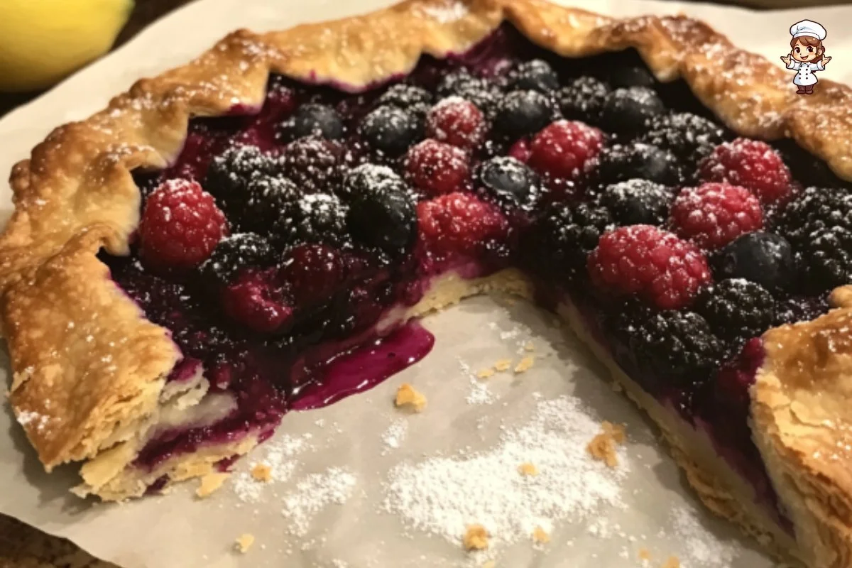 Delicious simple berry galette with fresh berries on a rustic table