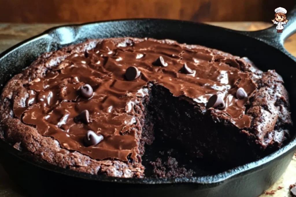 Delicious homemade skillet brownie served warm with chocolate drizzle.