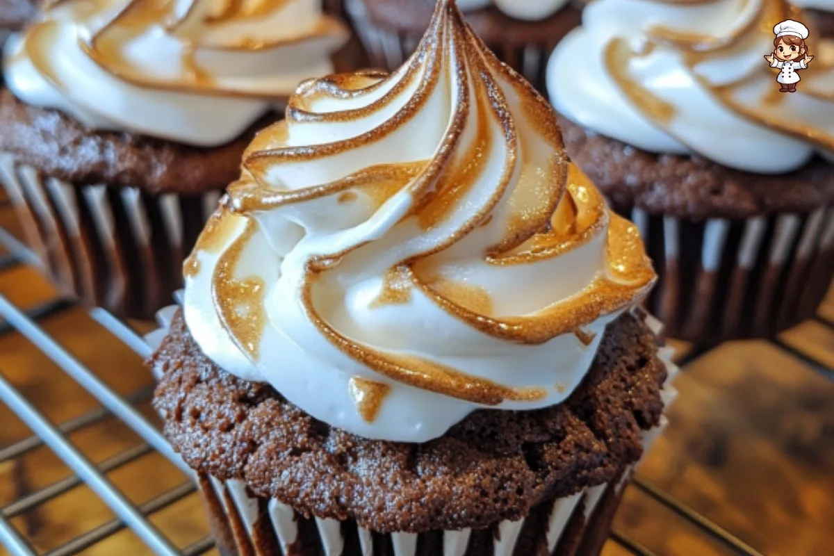 Delicious S'mores Brownie Cupcakes topped with toasted marshmallow and graham cracker crumbs