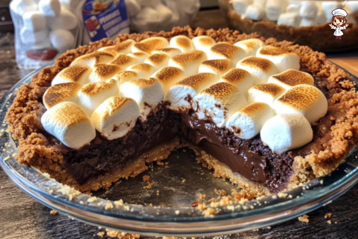 Delicious S’mores Brownie Pie topped with marshmallows and chocolate