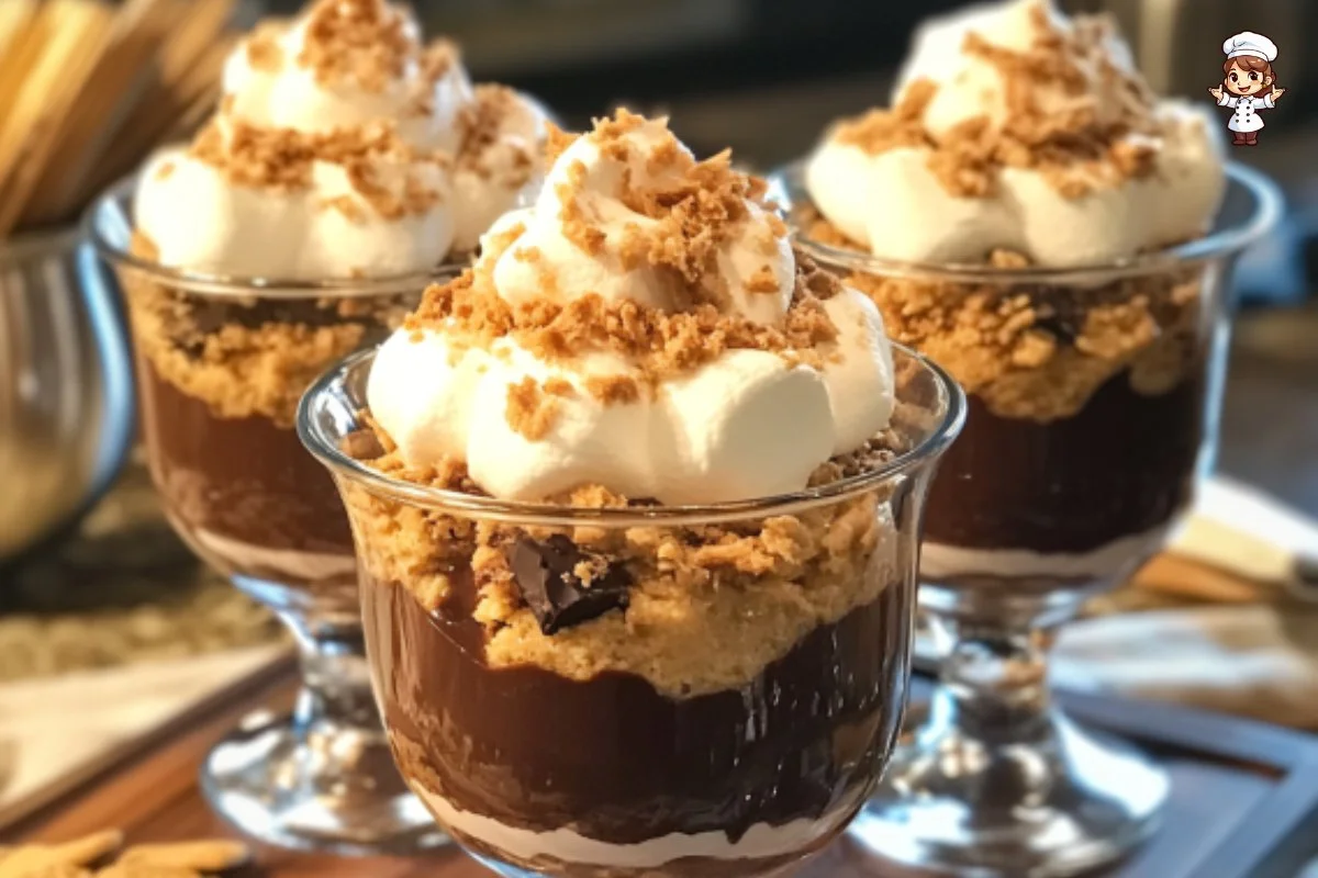A delicious bowl of S'mores Chocolate Mousse topped with graham cracker crumbs and marshmallows.