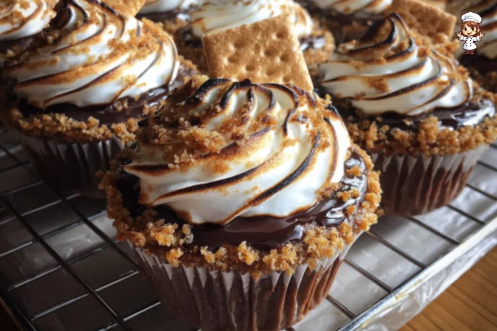 Delicious S'mores Cupcakes topped with marshmallow and chocolate