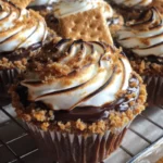 Delicious S'mores Cupcakes topped with marshmallow and chocolate