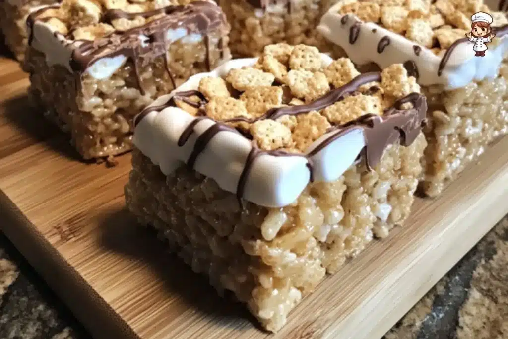 Delicious S'mores Rice Krispie Treats with chocolate and marshmallows.