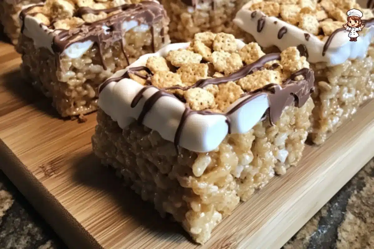 Delicious S'mores Rice Krispie Treats with chocolate and marshmallows.