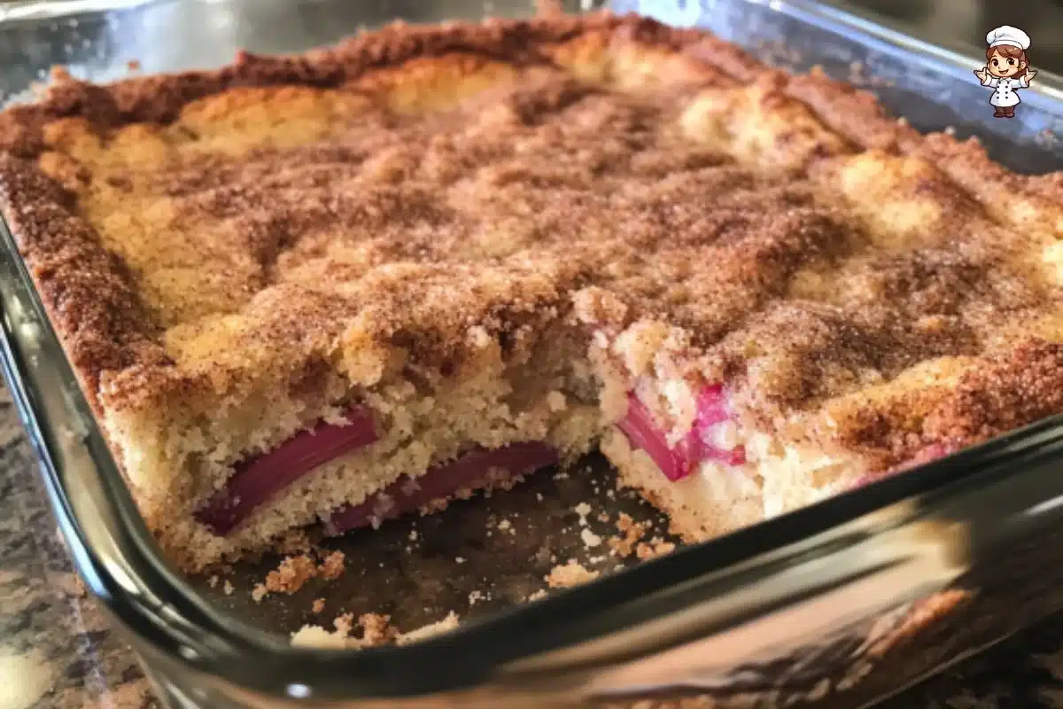 Sour cream rhubarb coffee cake served on a plate with a slice cut out