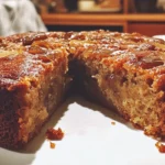 Spiced banana date cake topped with nuts on a wooden table