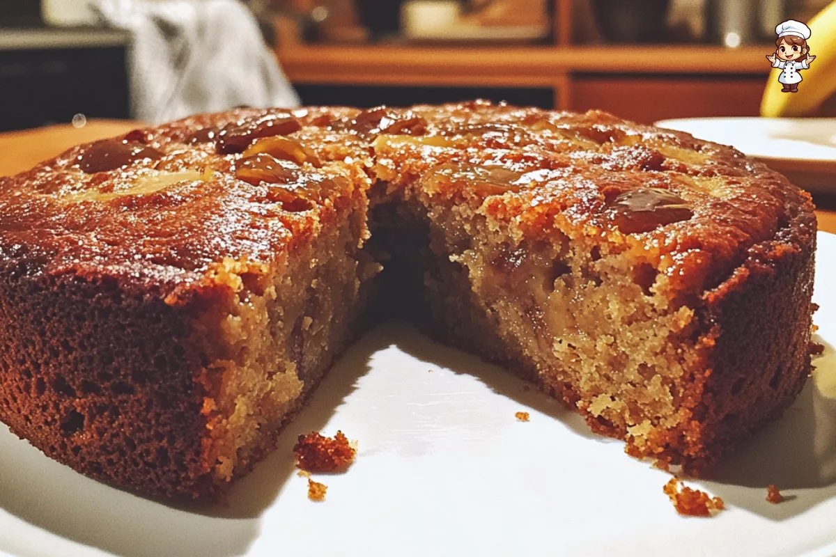 Spiced banana date cake topped with nuts on a wooden table