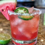 A refreshing Spicy Watermelon Margarita served in a salt-rimmed glass with a slice of watermelon.