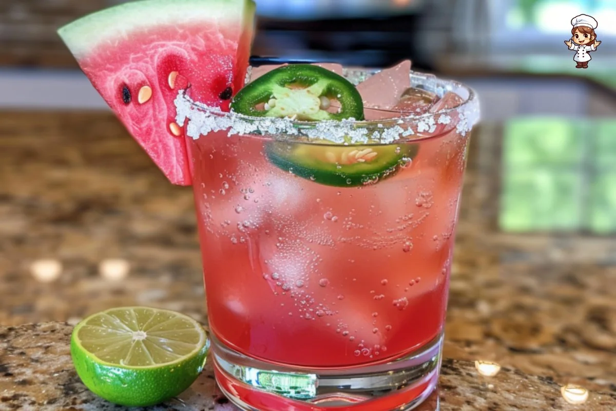 A refreshing Spicy Watermelon Margarita served in a salt-rimmed glass with a slice of watermelon.